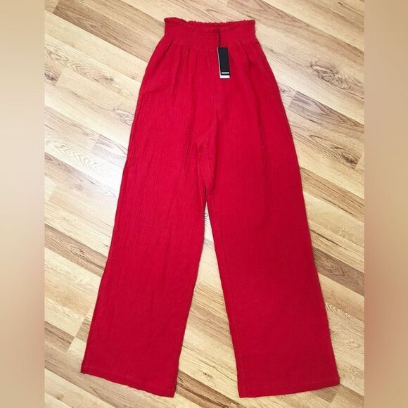 MONROW Red Smocked Cotton Gauze Wide Leg Pant High Waist Pull On Size Small New